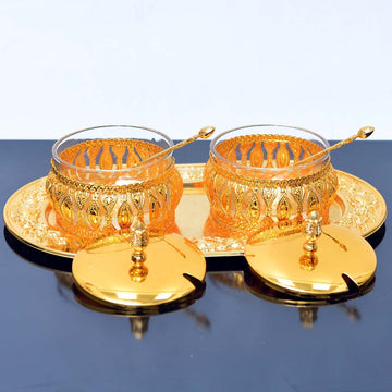 Royal Golden Sugar Pot Set - Glass & Stainless Steel